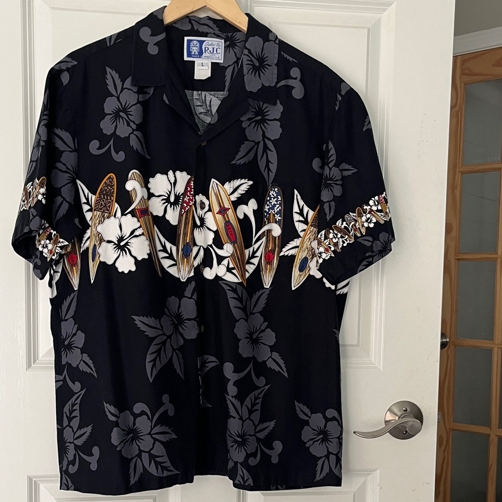 RJC Black Hawaiian Men's Casual Button Down Shirt short sleeve, cotton surfboard